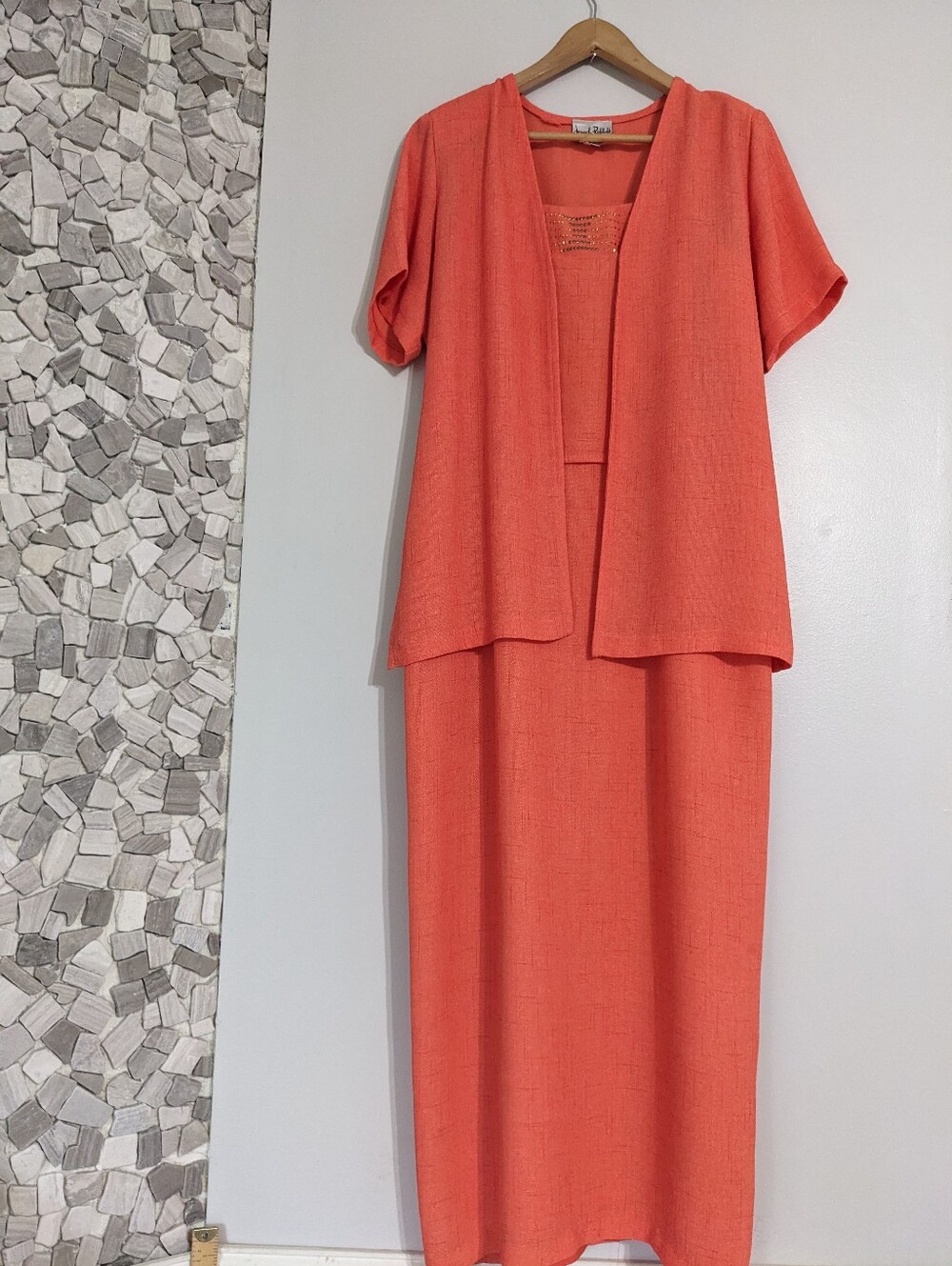 Joseph Ribkoff Coral Two Piece Dress Jacket Set Textured Suiting Size 10 Wedding